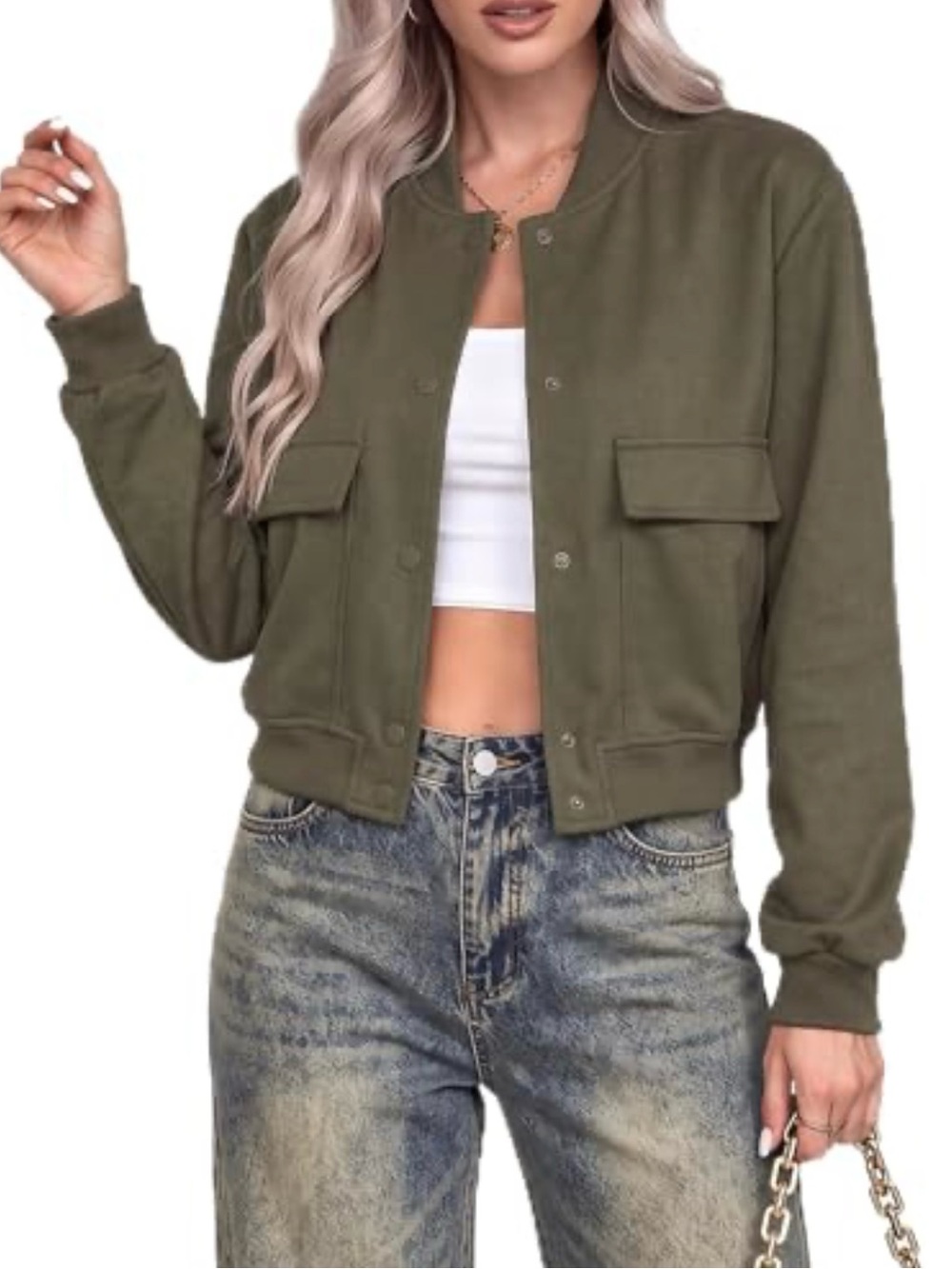 Olive Green Cropped Bomber Jacket - Women